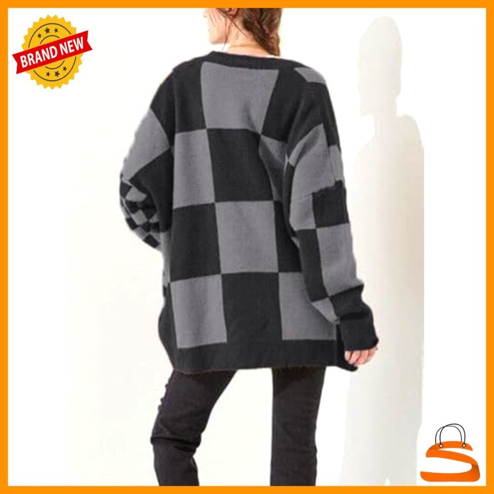 Oversized Slouchy Cardigan Plaid Knit Open Front Loose Fit Y2K Chic - Picture 3 of 4